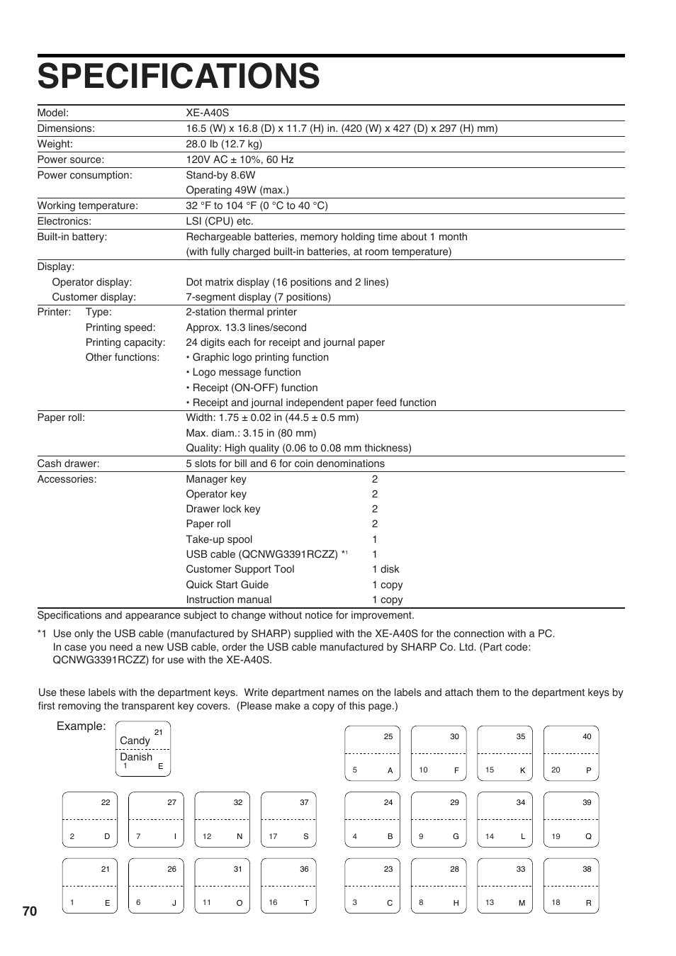 Specifications | Sharp Electronic Cash Register XE-A40S User Manual | Page 72 / 116