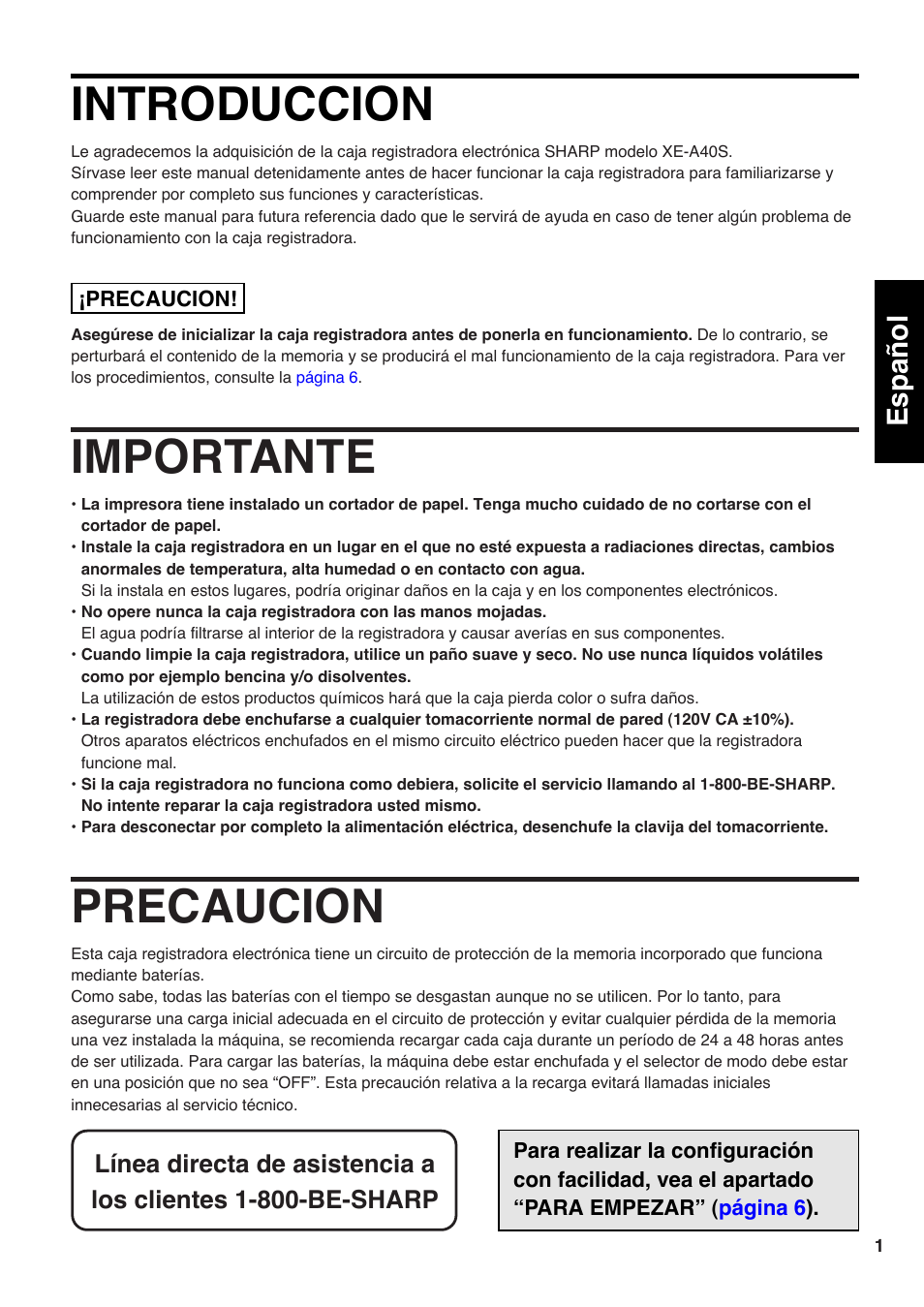 La versión española, Introduccion, Importante | Precaucion, Manual de instrucciones (version en español), English español | Sharp Electronic Cash Register XE-A40S User Manual | Page 75 / 116