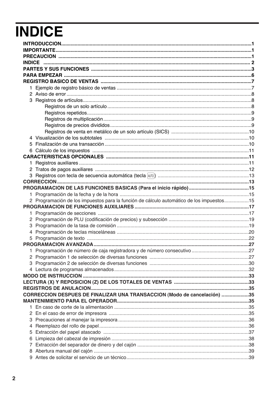 Indice | Sharp Electronic Cash Register XE-A40S User Manual | Page 76 / 116