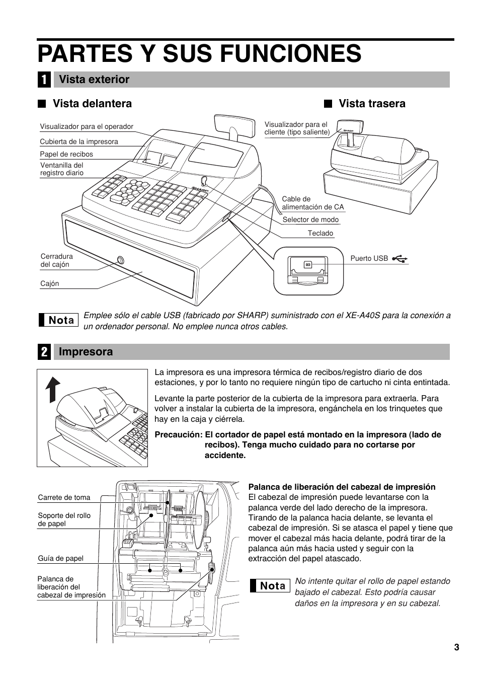 Partes y sus funciones, 1 vista exterior, Vista delantera | Vista trasera, 2 impresora, Vista delantera vista trasera vista exterior, Impresora | Sharp Electronic Cash Register XE-A40S User Manual | Page 77 / 116