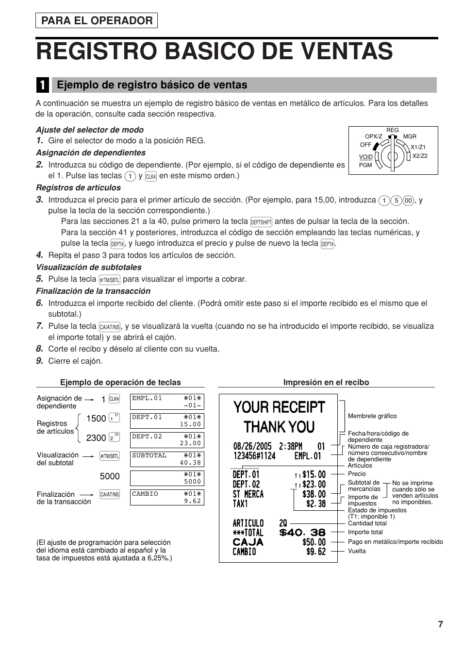 Registro basico de ventas, 1 ejemplo de registro básico de ventas, Para el operador | Ejemplo de registro básico de ventas | Sharp Electronic Cash Register XE-A40S User Manual | Page 81 / 116