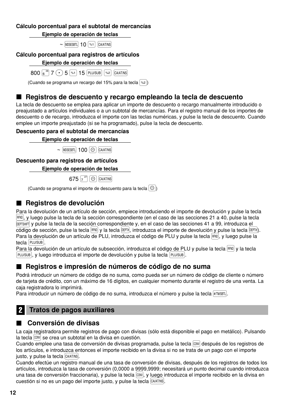 Registros de devolución, 2 tratos de pagos auxiliares, Conversión de divisas | P & a | Sharp Electronic Cash Register XE-A40S User Manual | Page 86 / 116