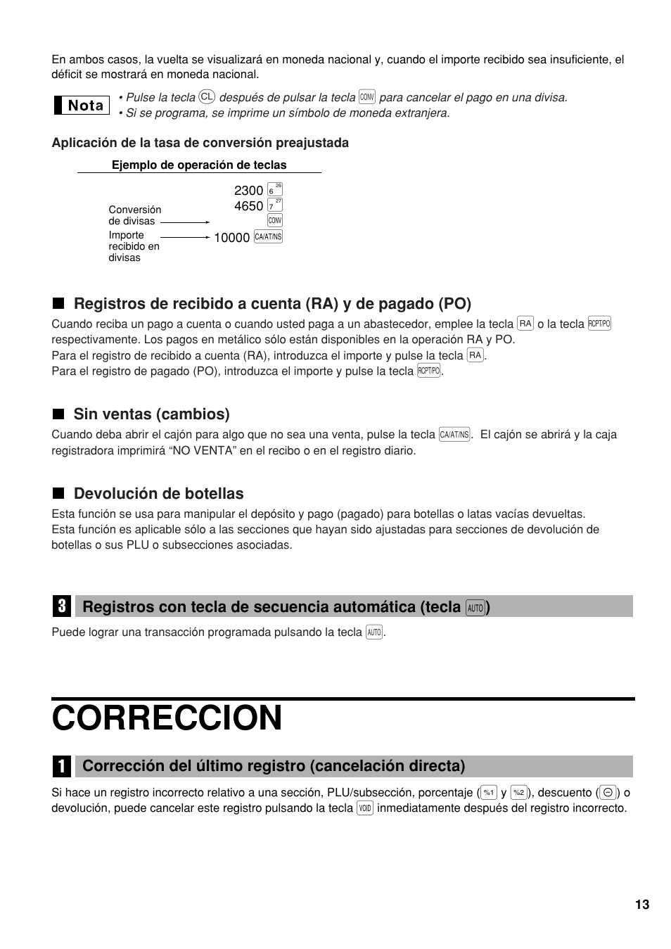 Sin ventas (cambios), Devolución de botellas, Correccion | Sharp Electronic Cash Register XE-A40S User Manual | Page 87 / 116