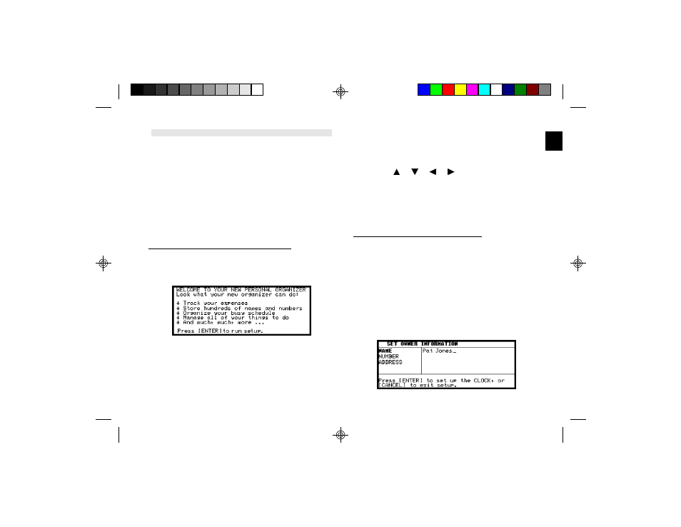 Setting up the organizer after initialization, Welcome messages and instructions, Setting the owner’s information | Sharp OZ-640 User Manual | Page 10 / 102