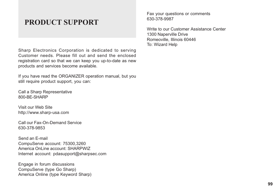 Product support | Sharp OZ-640 User Manual | Page 100 / 102