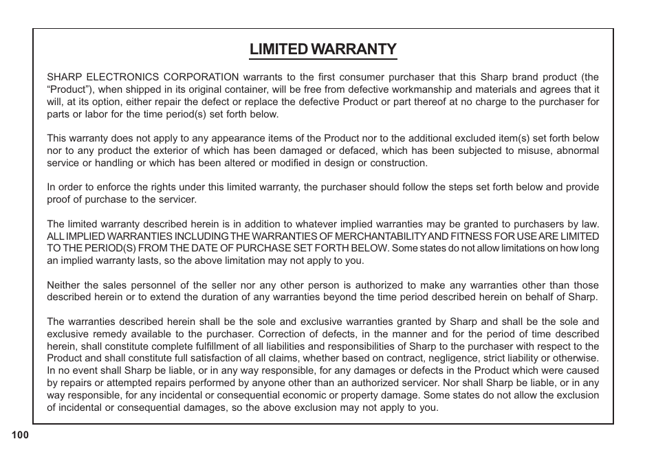 Limited warranty | Sharp OZ-640 User Manual | Page 101 / 102