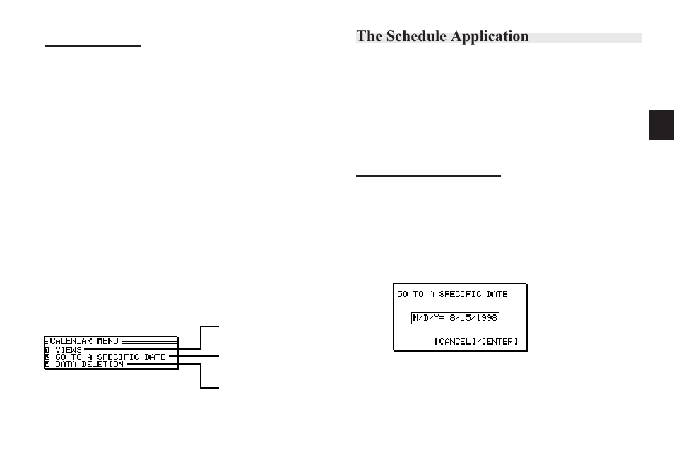 The schedule application, Selecting a specific date, Date calculating | Sharp OZ-640 User Manual | Page 34 / 102