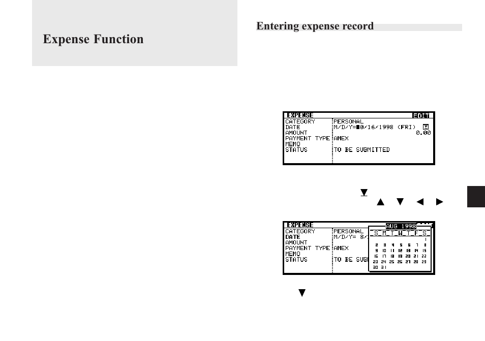 Expense function, Entering expense record, 7chapter 7 | Sharp OZ-640 User Manual | Page 64 / 102