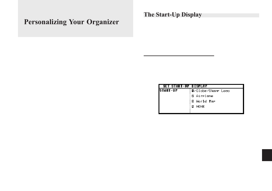 Personalizing your organizer, The start-up display, 10 chapter 10 | Sharp OZ-640 User Manual | Page 82 / 102