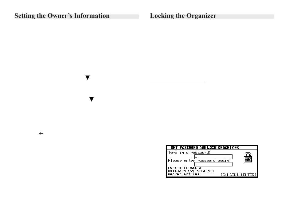 Setting the owner’s information, Locking the organizer, Turning on the lock | Sharp OZ-640 User Manual | Page 83 / 102