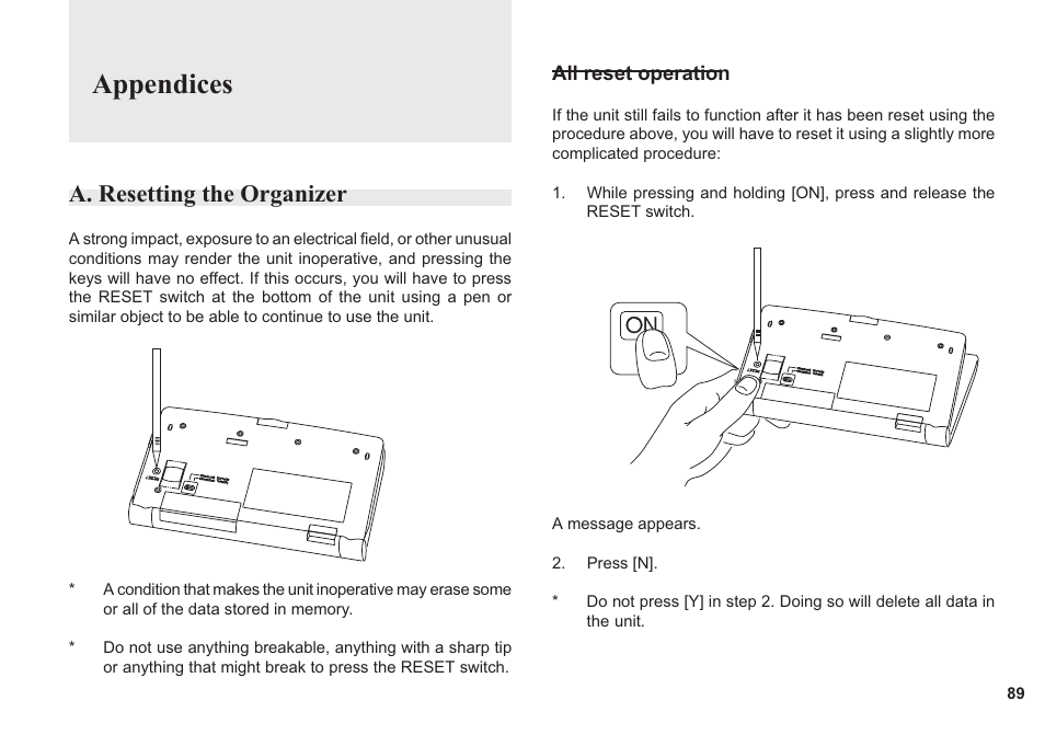 Appendices, A. resetting the organizer | Sharp OZ-640 User Manual | Page 90 / 102