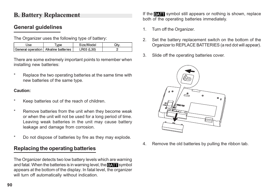 B. battery replacement | Sharp OZ-640 User Manual | Page 91 / 102