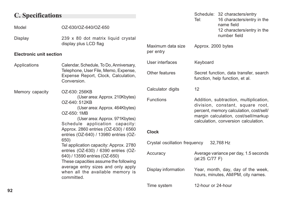 C. specifications | Sharp OZ-640 User Manual | Page 93 / 102