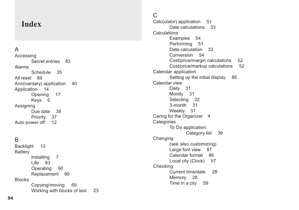 Index | Sharp OZ-640 User Manual | Page 95 / 102