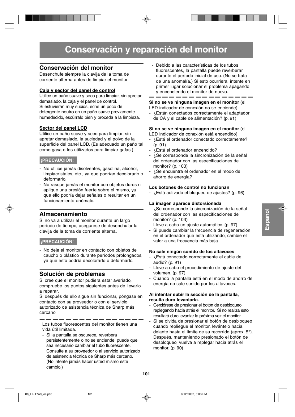 Conservación y reparación del monitor, Conservación del monitor, Almacenamiento | Solución de problemas | Sharp LL-T17A3 User Manual | Page 101 / 132