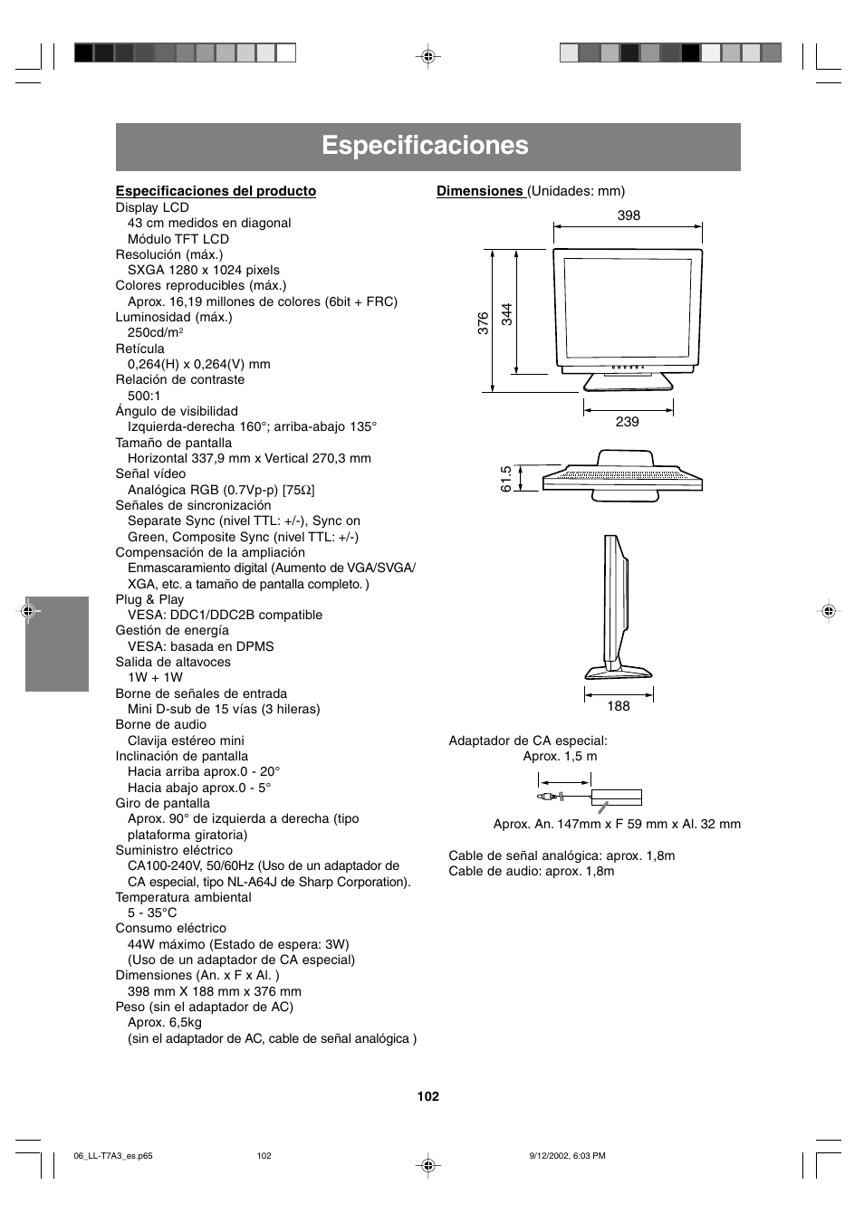 Especificaciones | Sharp LL-T17A3 User Manual | Page 102 / 132