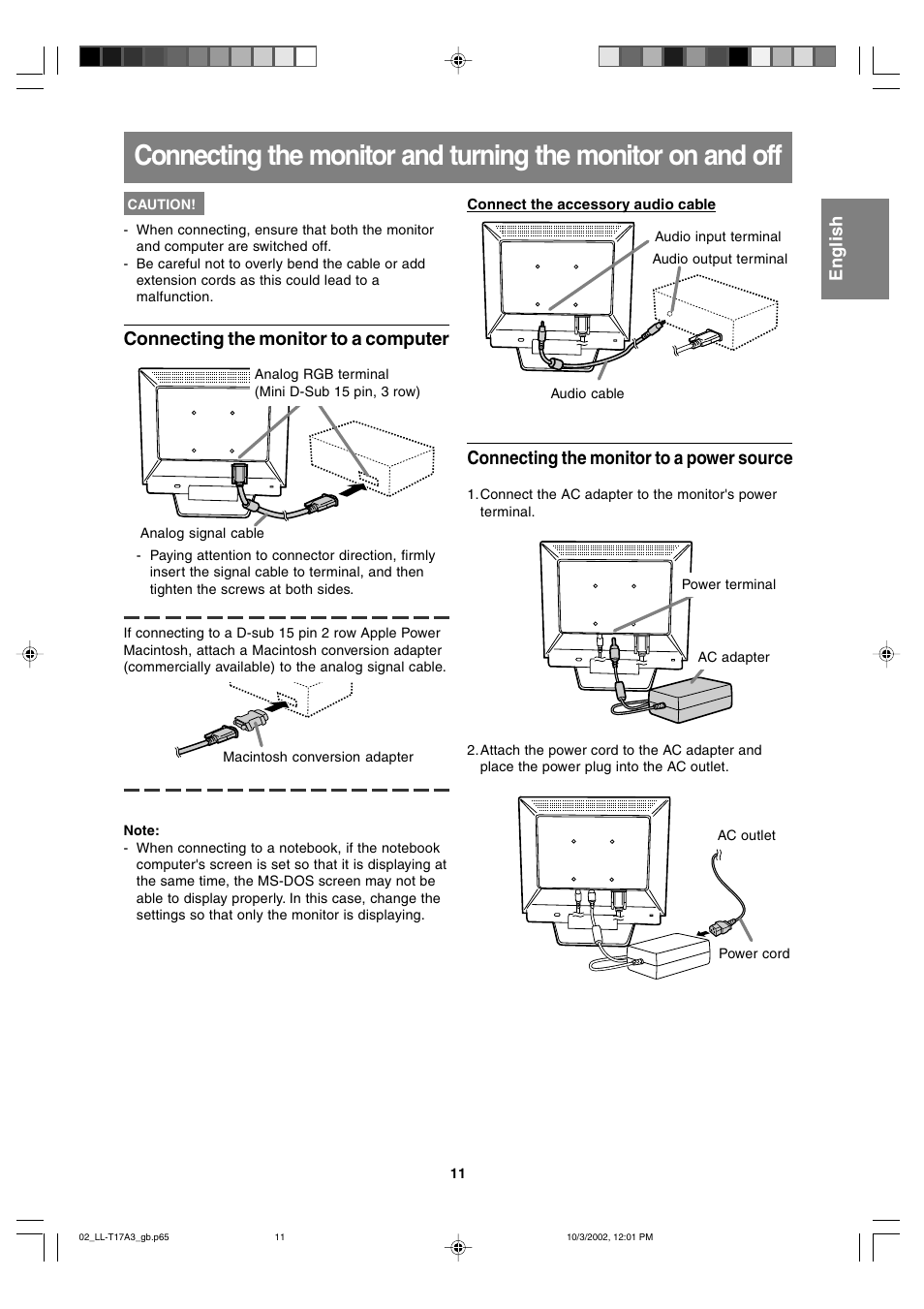 Connecting the monitor to a computer, Connecting the monitor to a power source | Sharp LL-T17A3 User Manual | Page 11 / 132