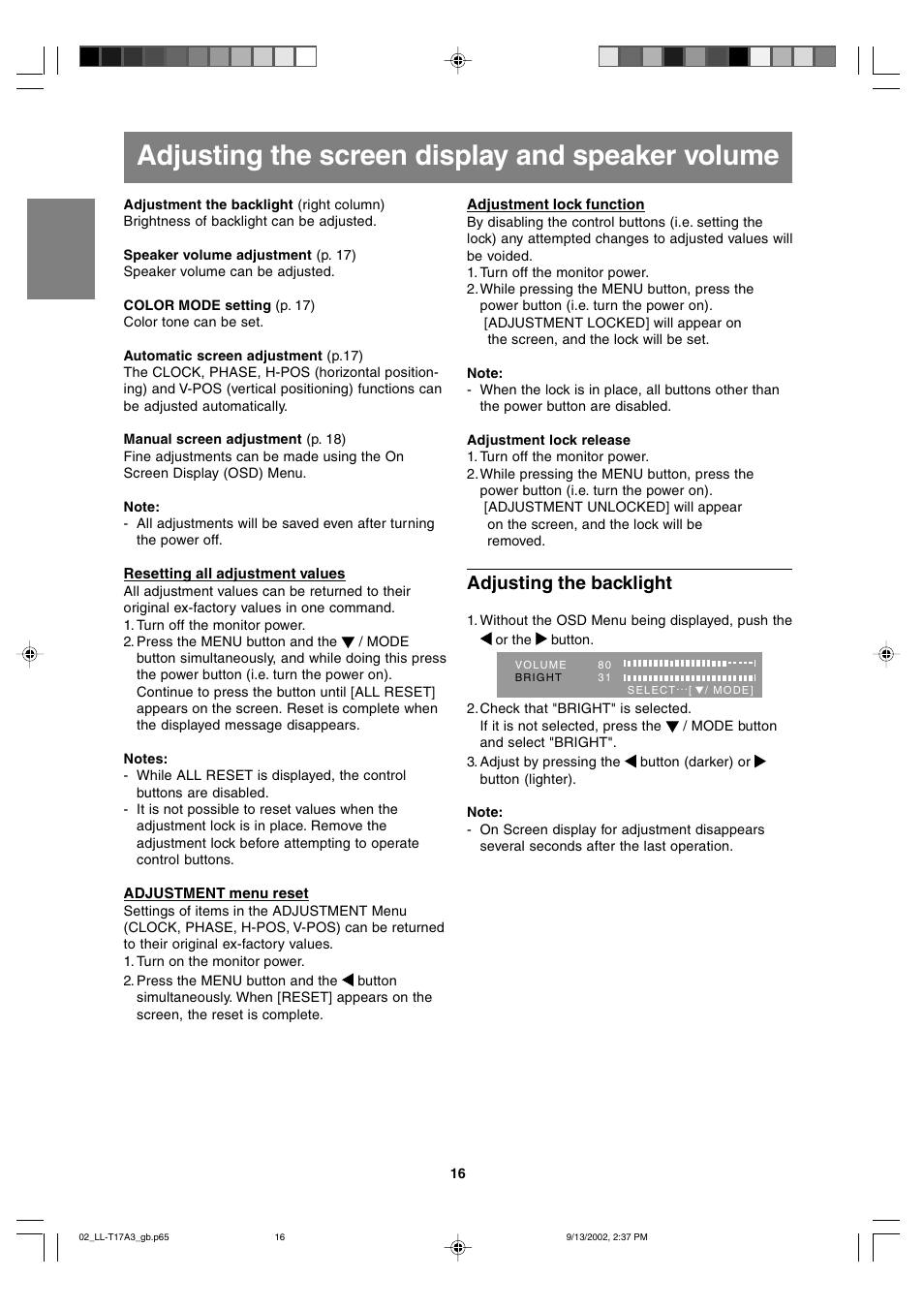 Adjusting the screen display and speaker volume, Adjusting the backlight | Sharp LL-T17A3 User Manual | Page 16 / 132