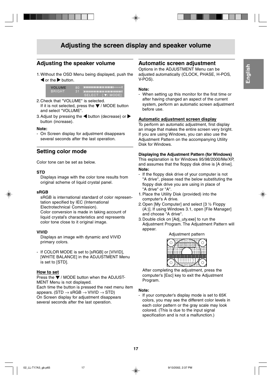 Adjusting the screen display and speaker volume, Adjusting the speaker volume, Setting color mode | Automatic screen adjustment, English deutsc h français italiano español english | Sharp LL-T17A3 User Manual | Page 17 / 132