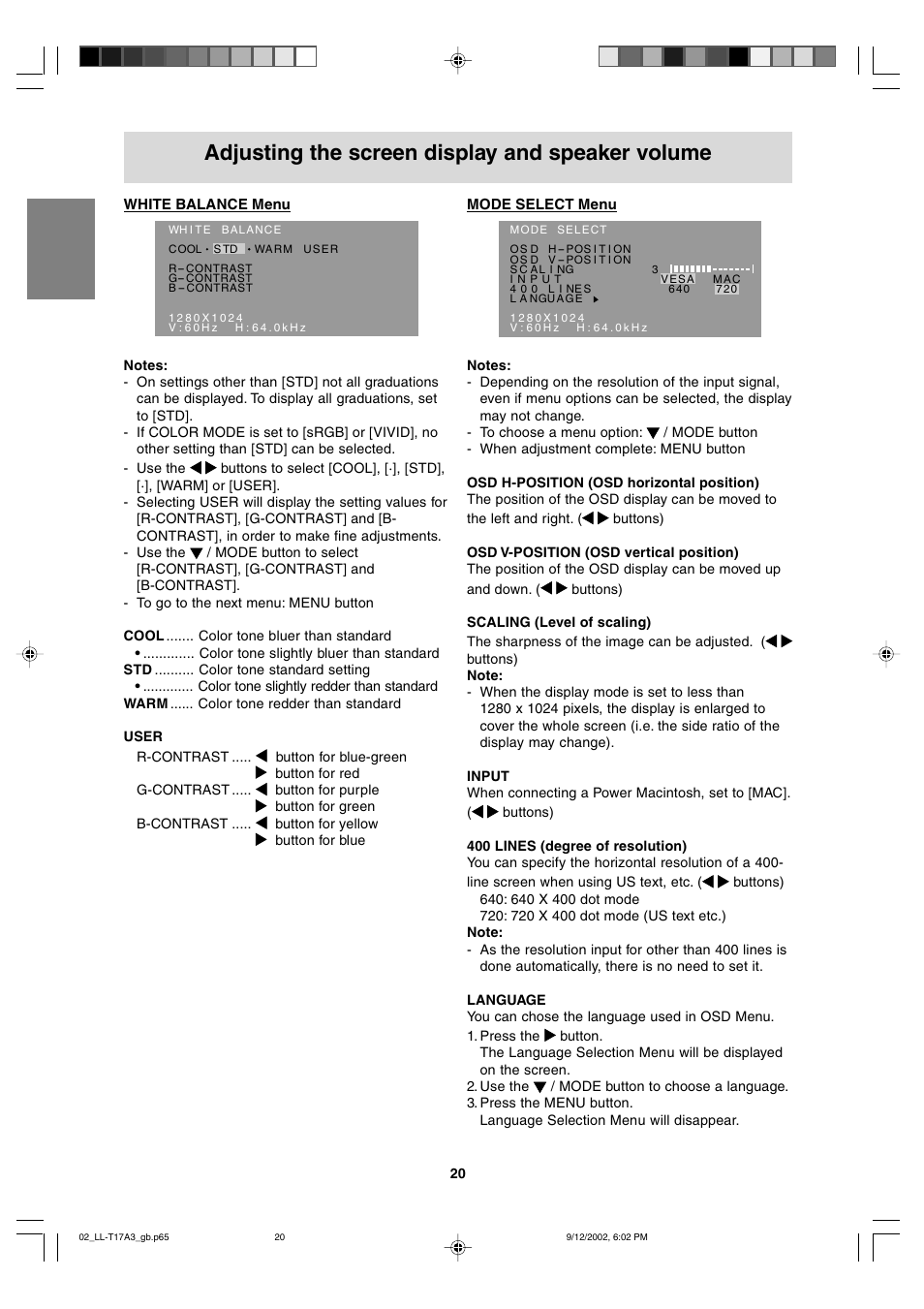 Adjusting the screen display and speaker volume | Sharp LL-T17A3 User Manual | Page 20 / 132