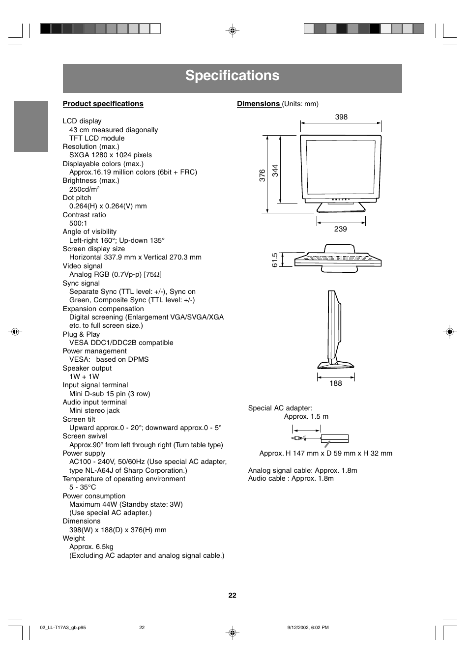 Specifications | Sharp LL-T17A3 User Manual | Page 22 / 132