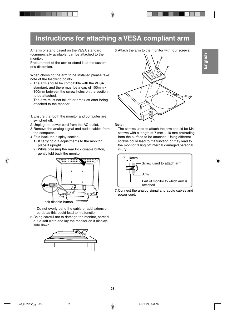 Instructions for attaching a vesa compliant arm | Sharp LL-T17A3 User Manual | Page 25 / 132