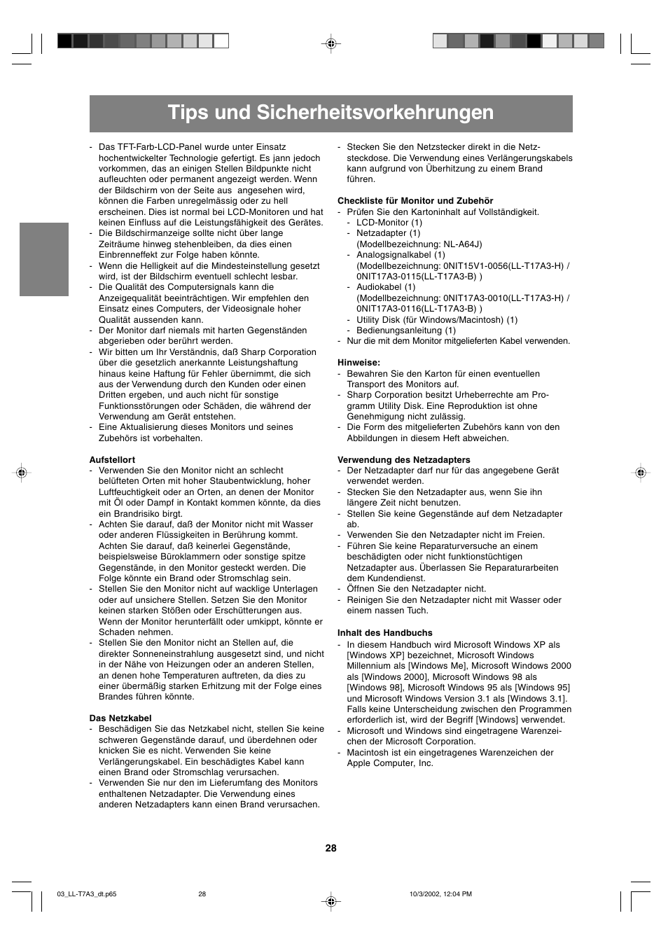 Tips und sicherheitsvorkehrungen | Sharp LL-T17A3 User Manual | Page 28 / 132