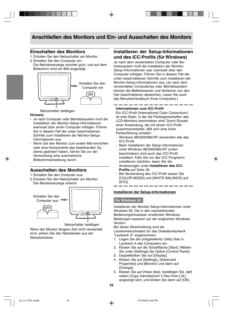 Einschalten des monitors, Ausschalten des monitors | Sharp LL-T17A3 User Manual | Page 32 / 132