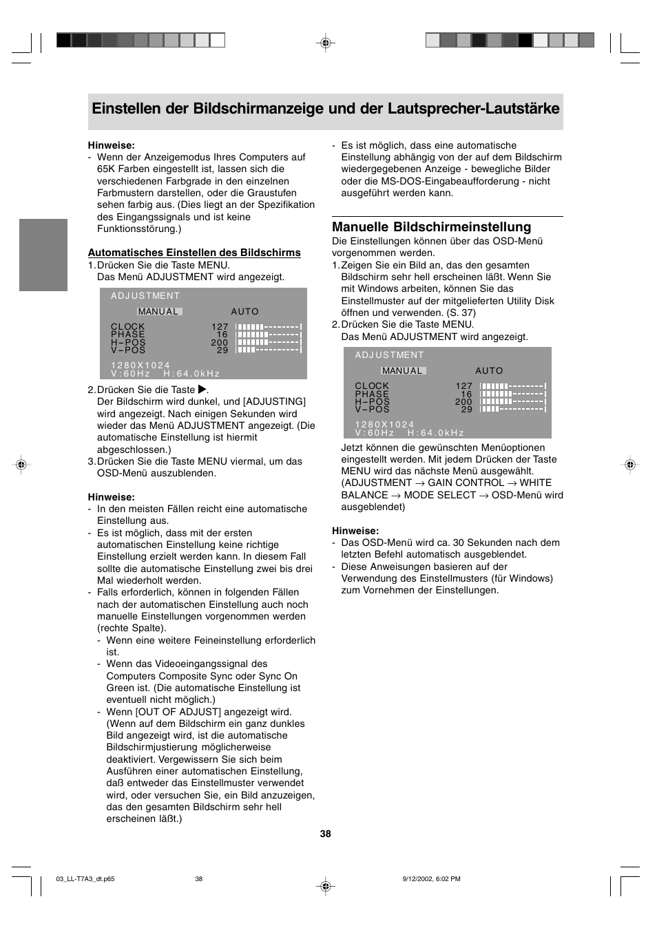 Manuelle bildschirmeinstellung | Sharp LL-T17A3 User Manual | Page 38 / 132