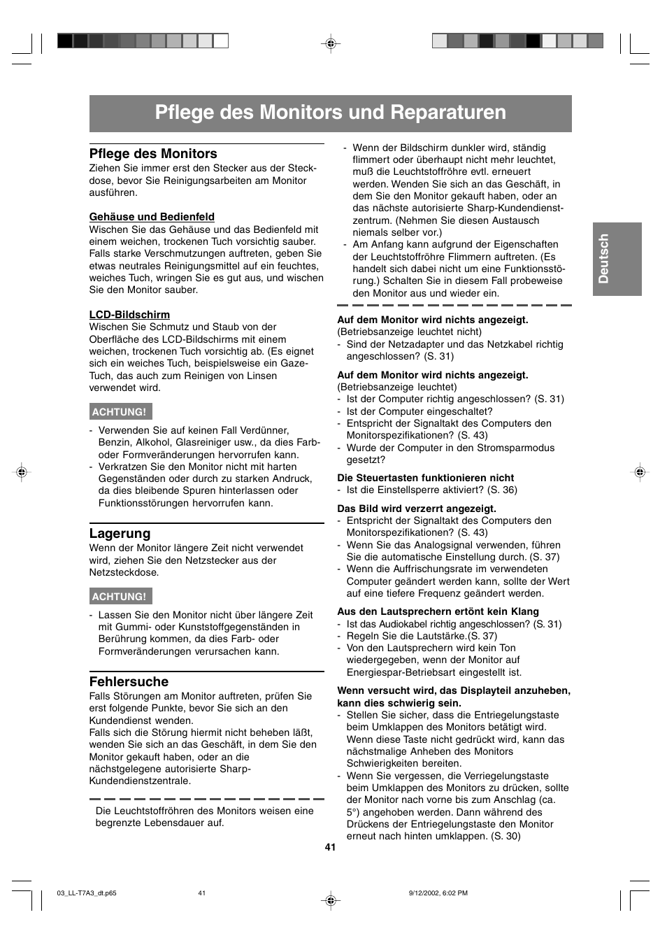 Pflege des monitors und reparaturen, Pflege des monitors, Lagerung | Fehlersuche | Sharp LL-T17A3 User Manual | Page 41 / 132