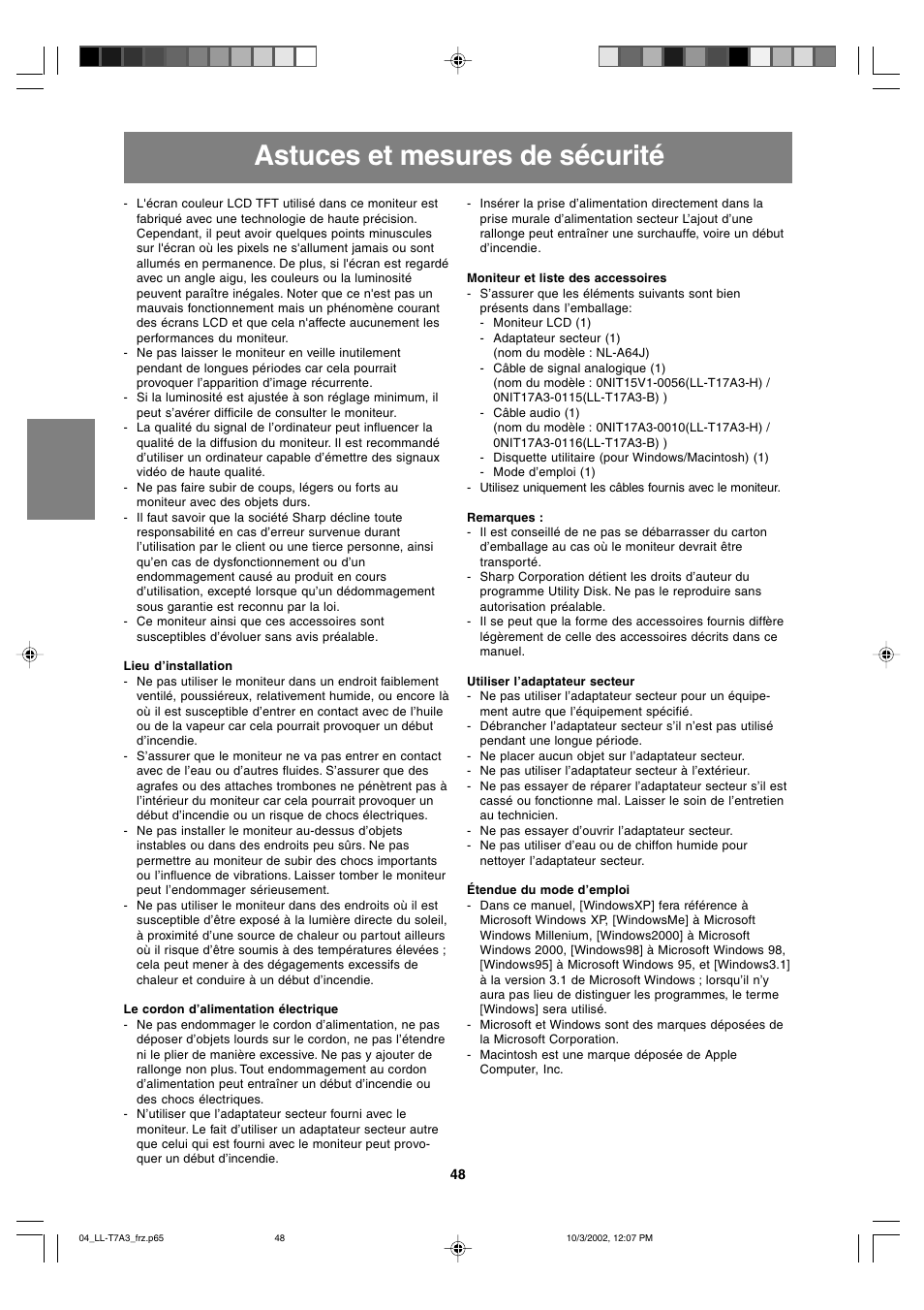 Astuces et mesures de sécurité | Sharp LL-T17A3 User Manual | Page 48 / 132