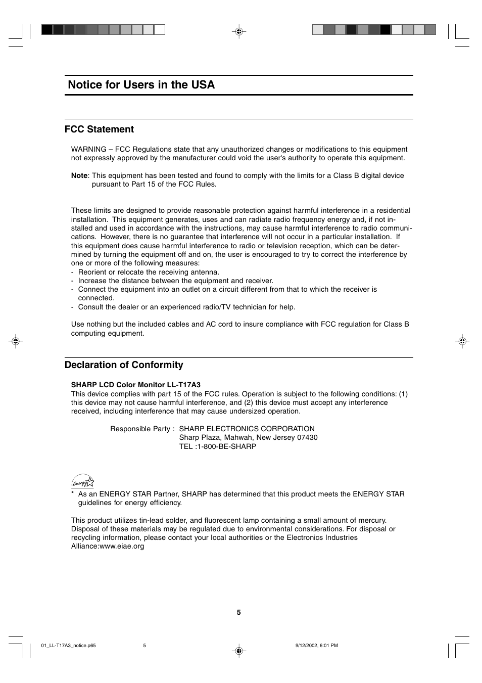 Notice for users in the usa, Fcc statement, Declaration of conformity | Sharp LL-T17A3 User Manual | Page 5 / 132