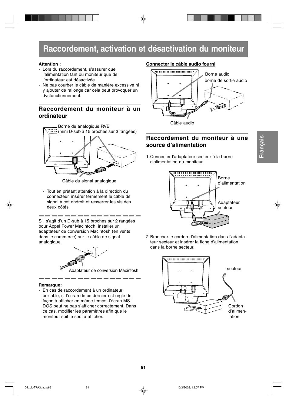 Raccordement du moniteur à un ordinateur | Sharp LL-T17A3 User Manual | Page 51 / 132