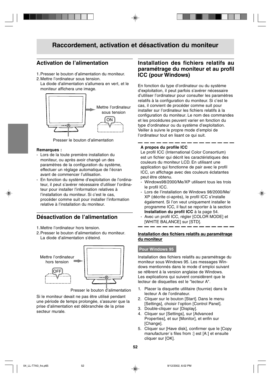 Activation de l’alimentation, Désactivation de l’alimentation | Sharp LL-T17A3 User Manual | Page 52 / 132