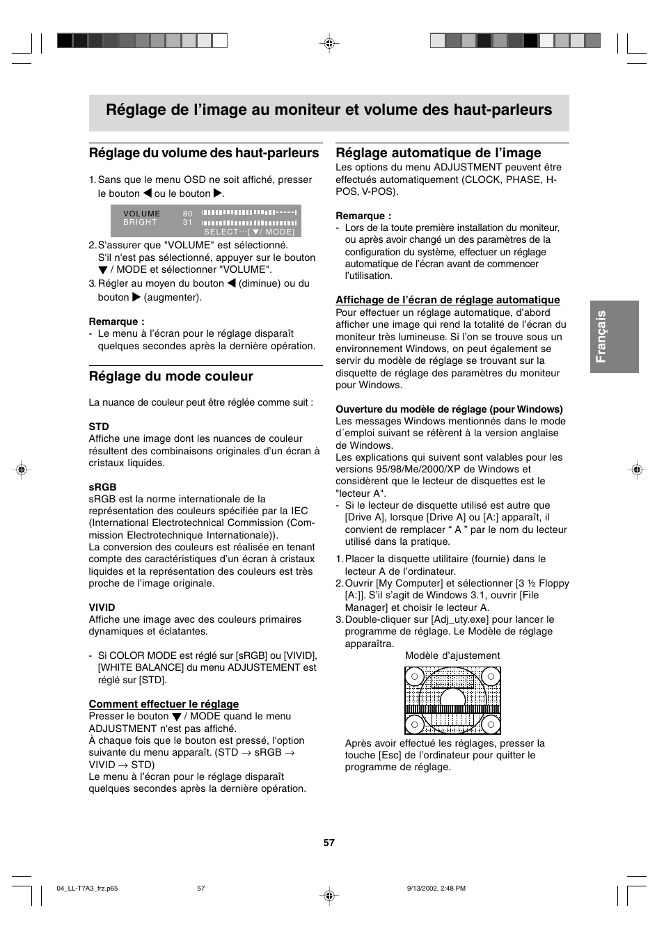 Réglage du volume des haut-parleurs, Réglage du mode couleur, Réglage automatique de l’image | Sharp LL-T17A3 User Manual | Page 57 / 132