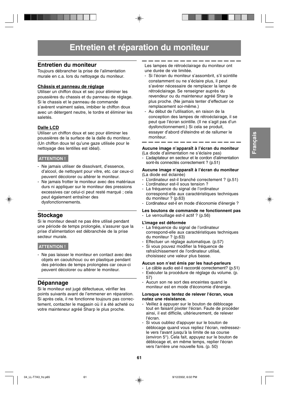 Entretien et réparation du moniteur, Entretien du moniteur, Stockage | Dépannage | Sharp LL-T17A3 User Manual | Page 61 / 132