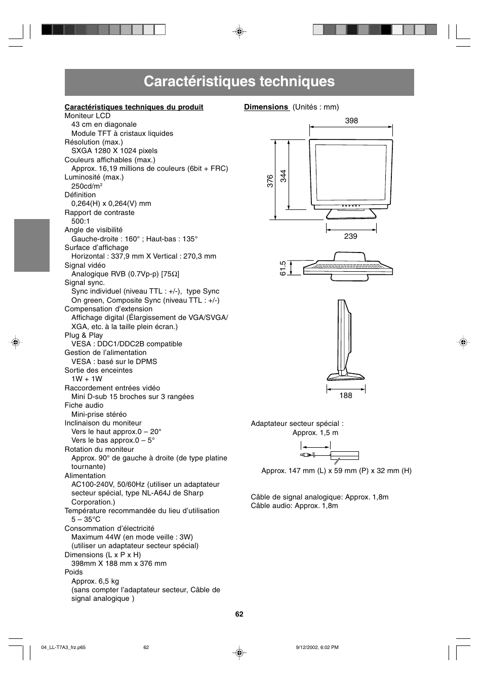 Caractéristiques techniques | Sharp LL-T17A3 User Manual | Page 62 / 132