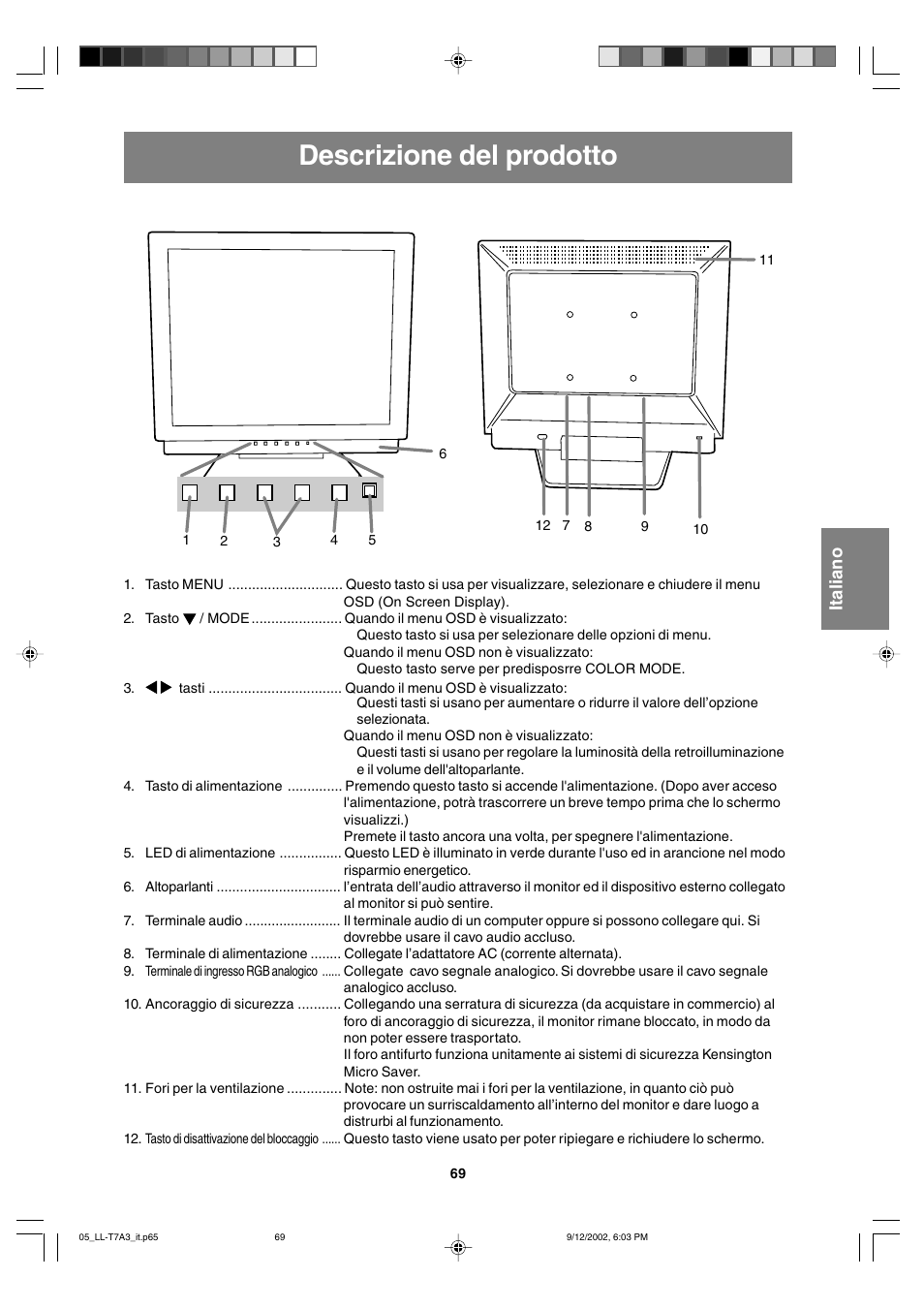 Descrizione del prodotto, English deutsc h français italiano español english | Sharp LL-T17A3 User Manual | Page 69 / 132