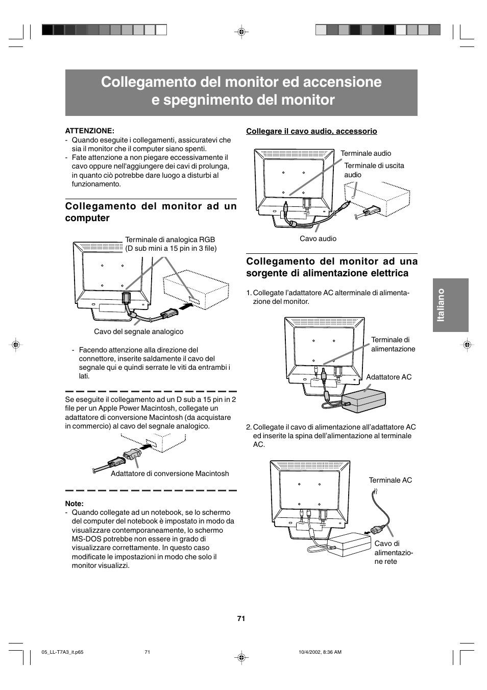 Collegamento del monitor ad un computer | Sharp LL-T17A3 User Manual | Page 71 / 132