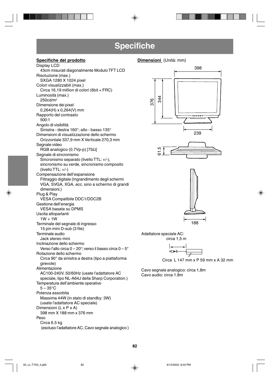 Specifiche | Sharp LL-T17A3 User Manual | Page 82 / 132