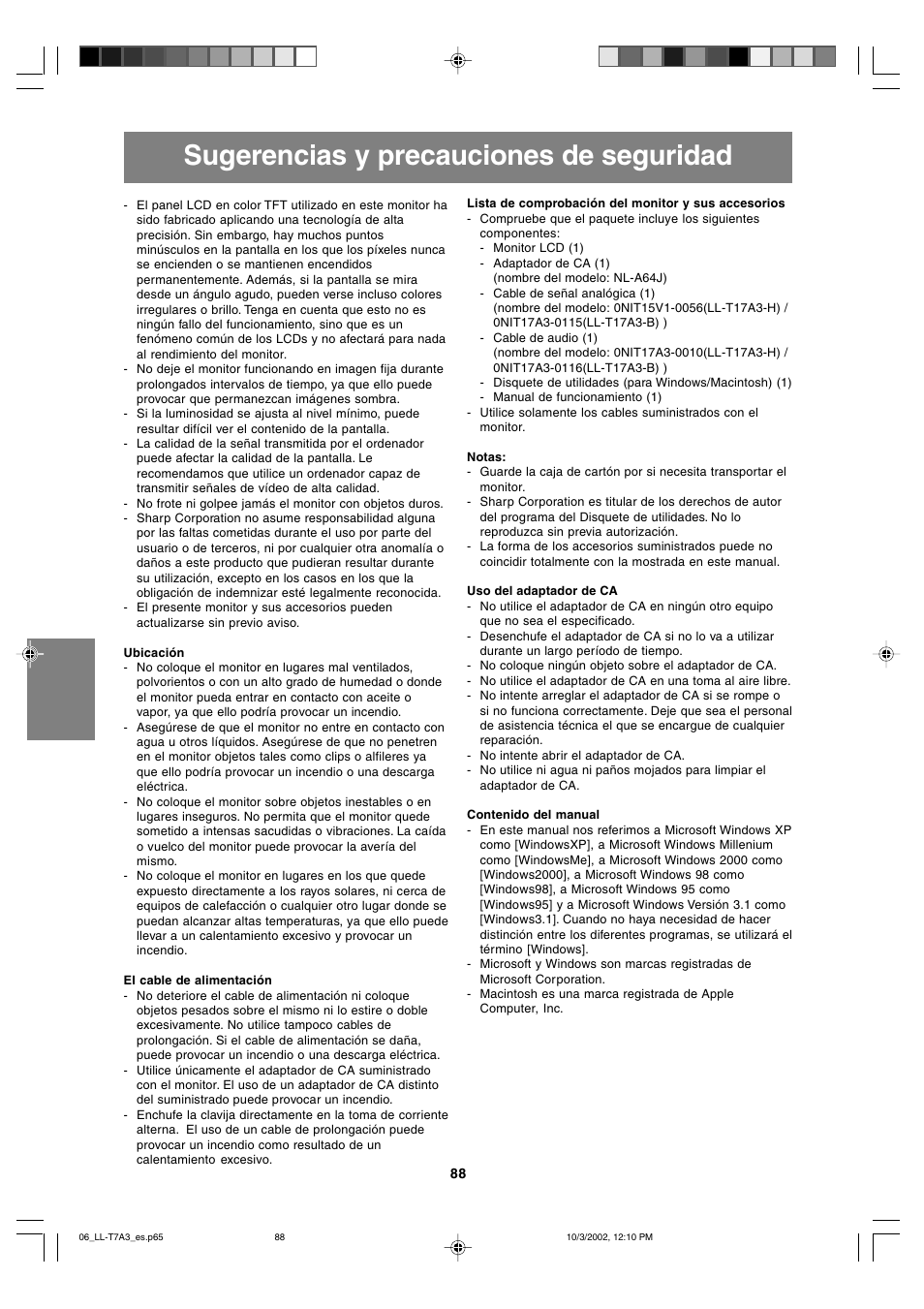 Sugerencias y precauciones de seguridad | Sharp LL-T17A3 User Manual | Page 88 / 132