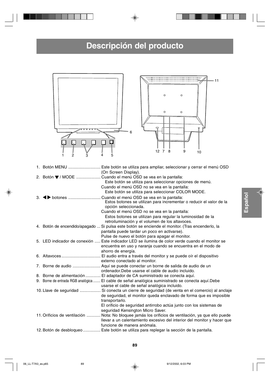 Descripción del producto, English deutsc h français italiano español english | Sharp LL-T17A3 User Manual | Page 89 / 132