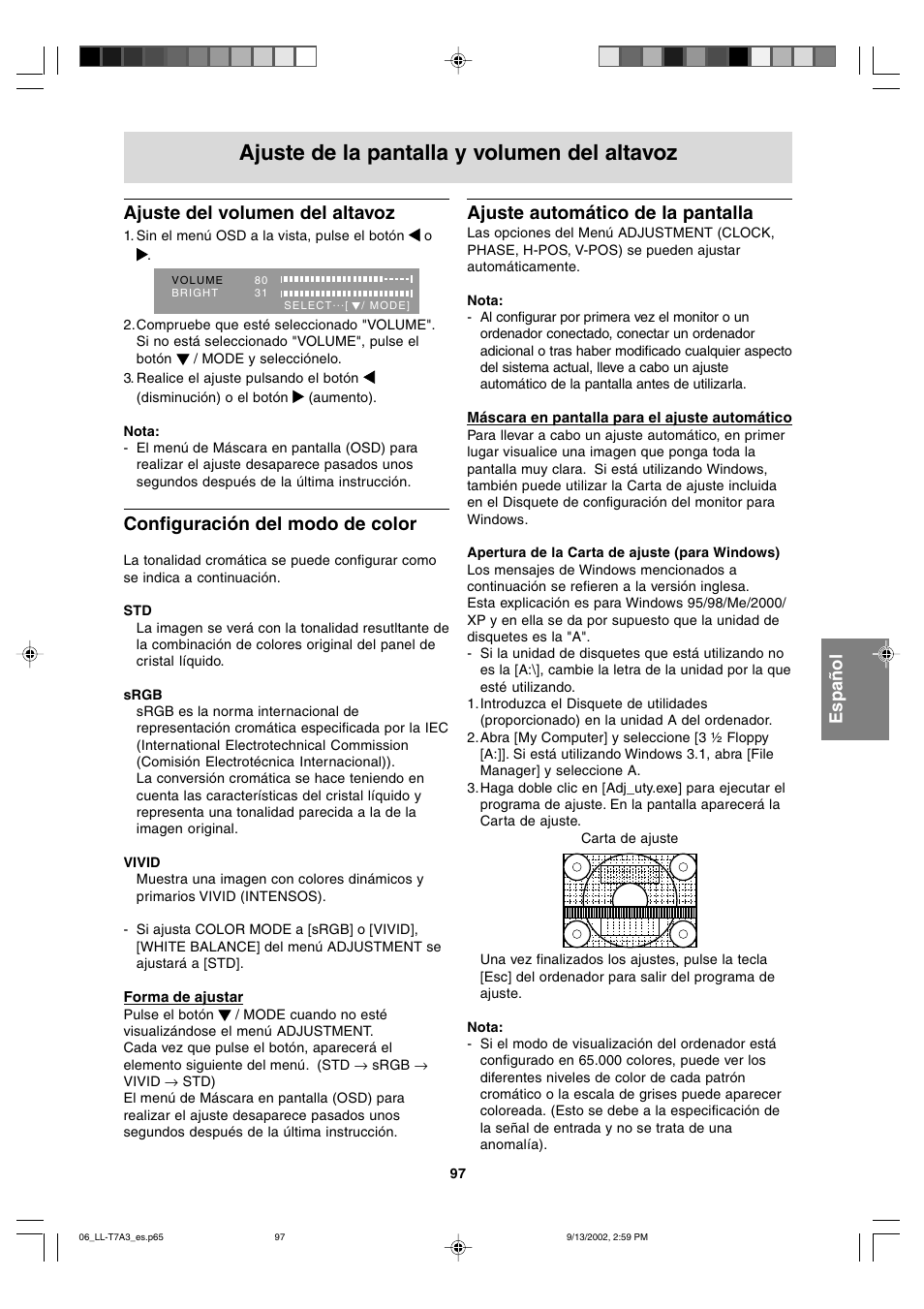 Ajuste de la pantalla y volumen del altavoz, Ajuste del volumen del altavoz, Configuración del modo de color | Ajuste automático de la pantalla | Sharp LL-T17A3 User Manual | Page 97 / 132