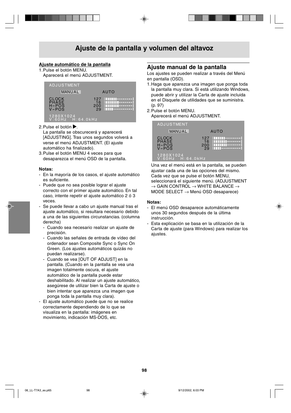 Ajuste de la pantalla y volumen del altavoz, Ajuste manual de la pantalla | Sharp LL-T17A3 User Manual | Page 98 / 132