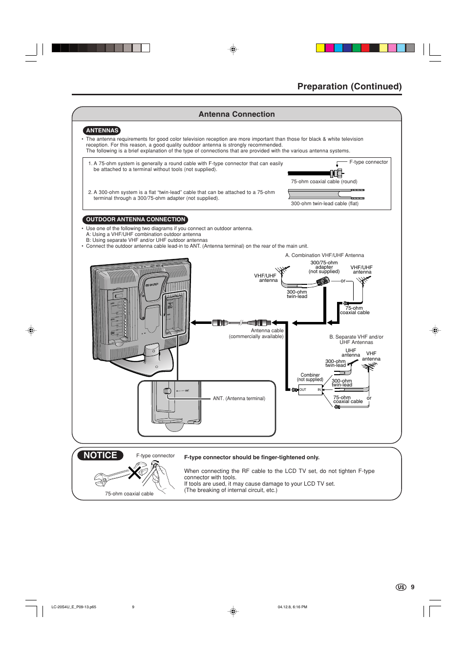 Antenna connection, Preparation (continued), Notice | Sharp Aquos LC 20S4U User Manual | Page 10 / 43