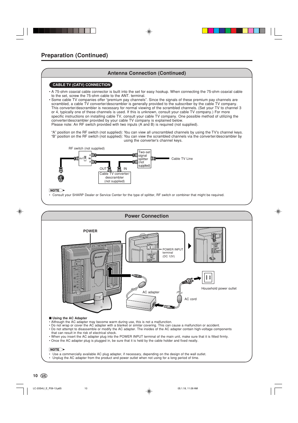 Power connection, Preparation (continued), Antenna connection (continued) | Sharp Aquos LC 20S4U User Manual | Page 11 / 43