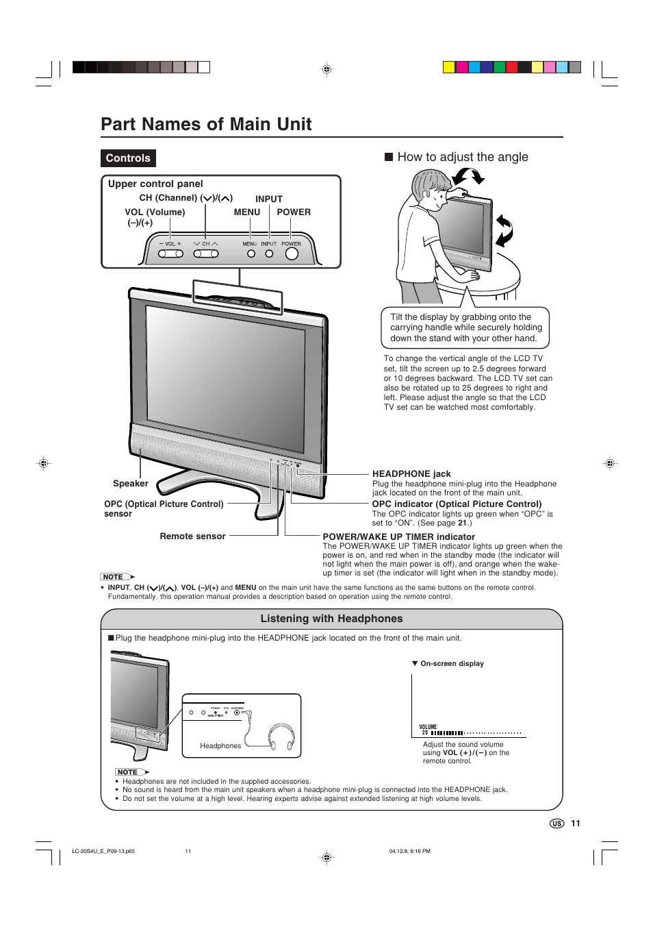 Part names of main unit, Listening with headphones, How to adjust the angle | Sharp Aquos LC 20S4U User Manual | Page 12 / 43