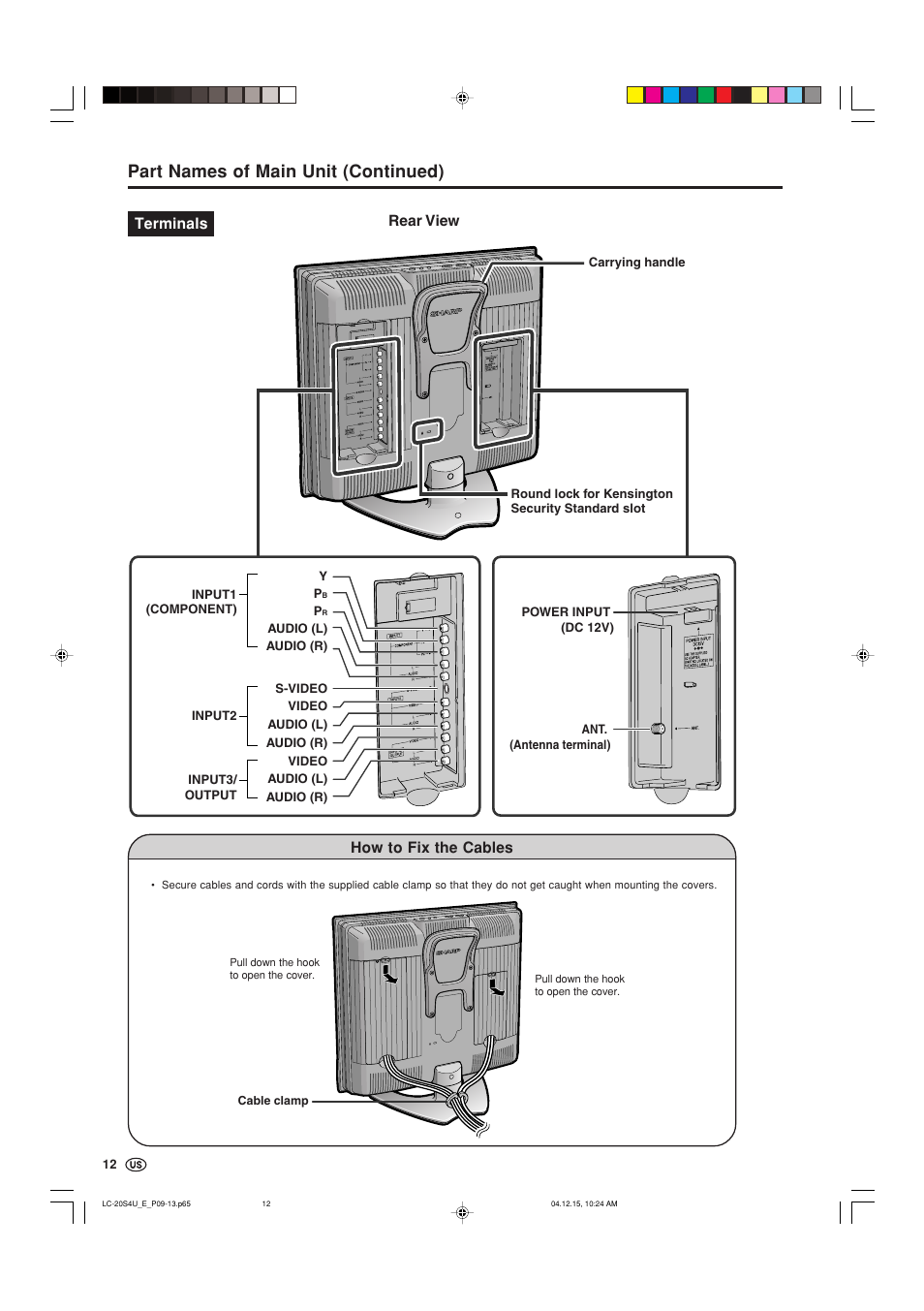 How to fix the cables, Part names of main unit (continued) | Sharp Aquos LC 20S4U User Manual | Page 13 / 43