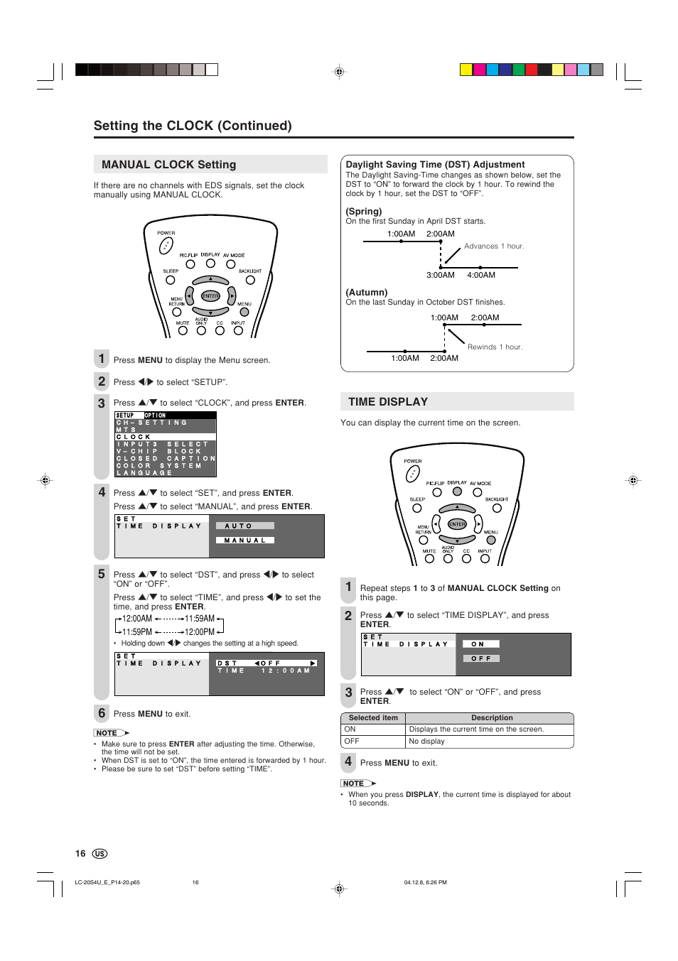 Manual clock setting, Time display, Setting the clock (continued) | Sharp Aquos LC 20S4U User Manual | Page 17 / 43