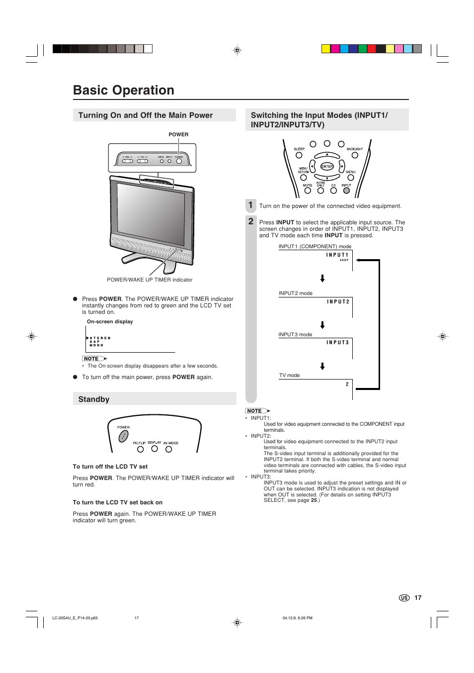 Basic operation, Turning on and off the main power, Standby | Sharp Aquos LC 20S4U User Manual | Page 18 / 43
